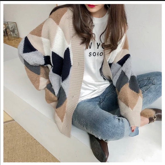 CC Boutique Sweaters - Argyle Cardigan+Oversized Sweater+Multi color cardigan+Blue+Cream+Tan+New